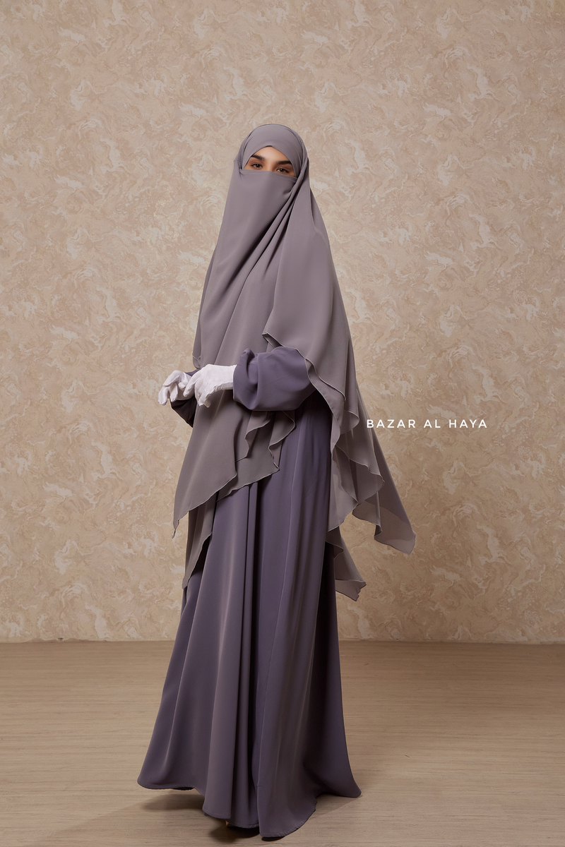 Silver Pari Layered Khimar & Salam 2 Abaya Two Piece Set