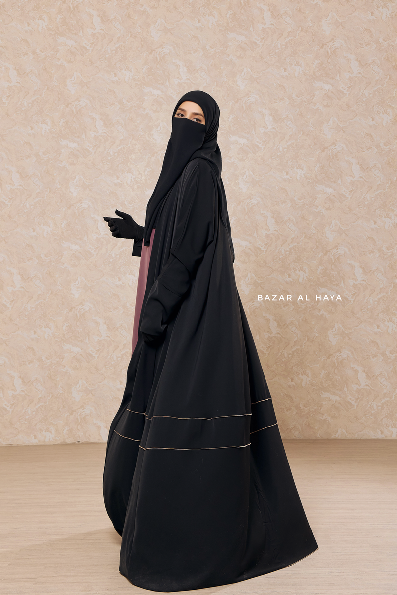 Black Fathiya Open Front Abaya In Nida - Relaxed Fit