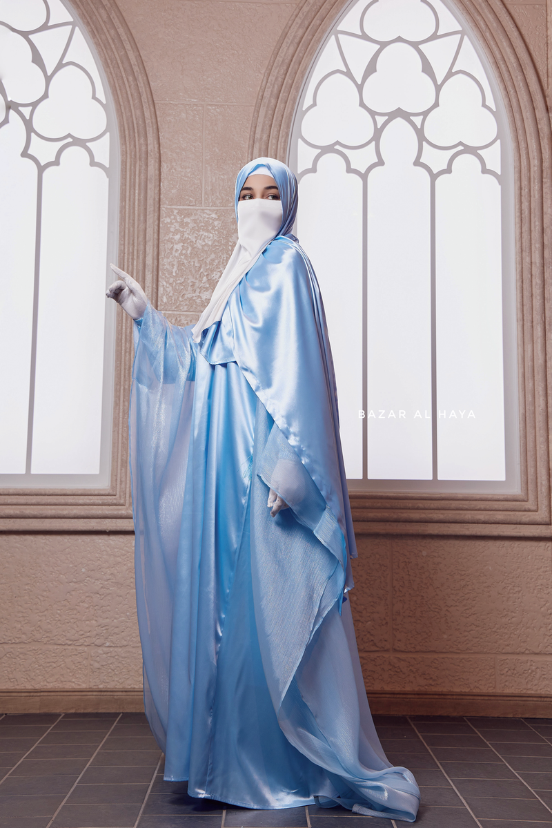 Humaira 3 Piece Abaya Set In Blue Organza Luxurious Kaftan With Inner Dress Scarf