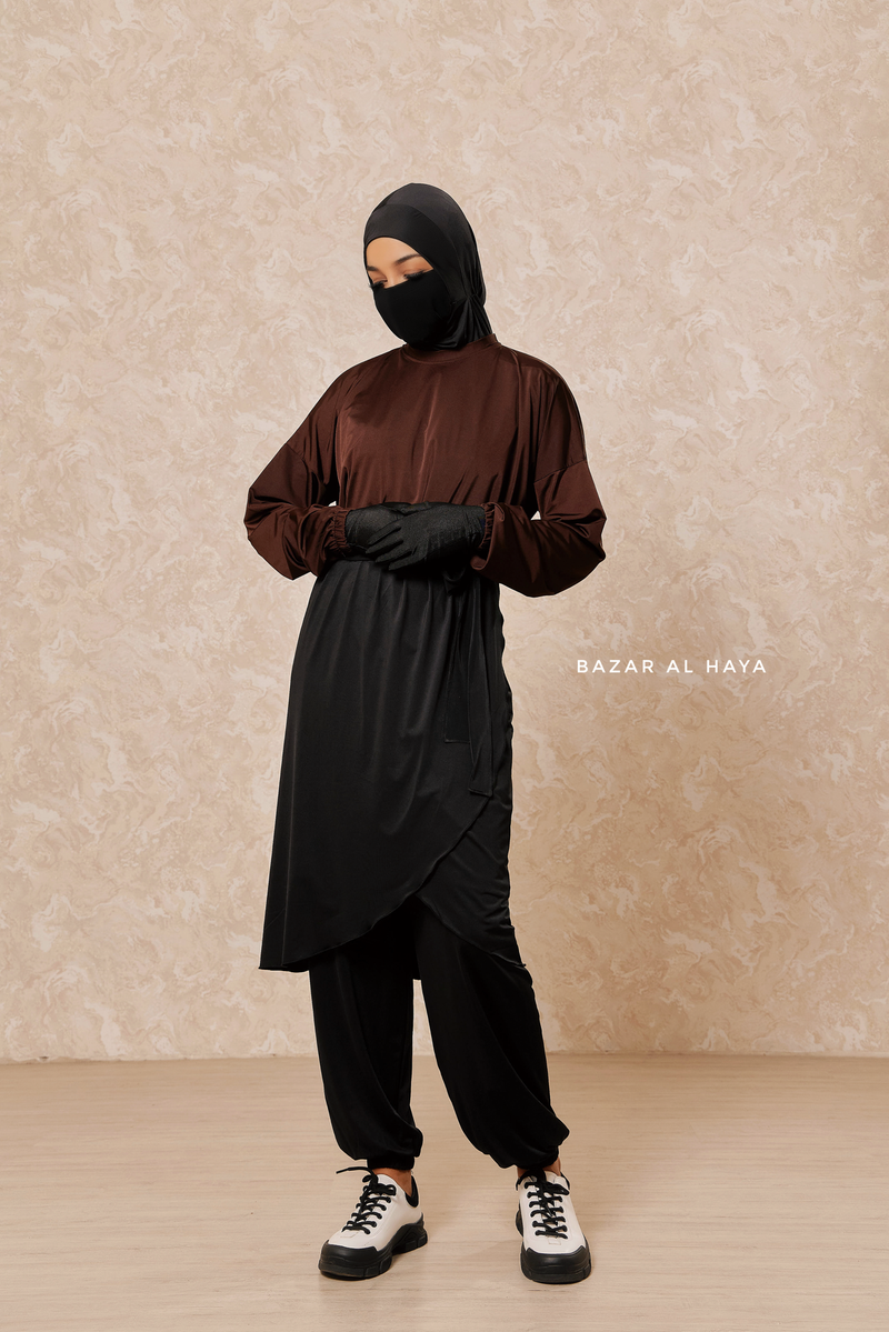 Black Brown Modest Swimwear 4 Piece Swimdress, Khimar, Apron & Pants - Comfort Swimsuit