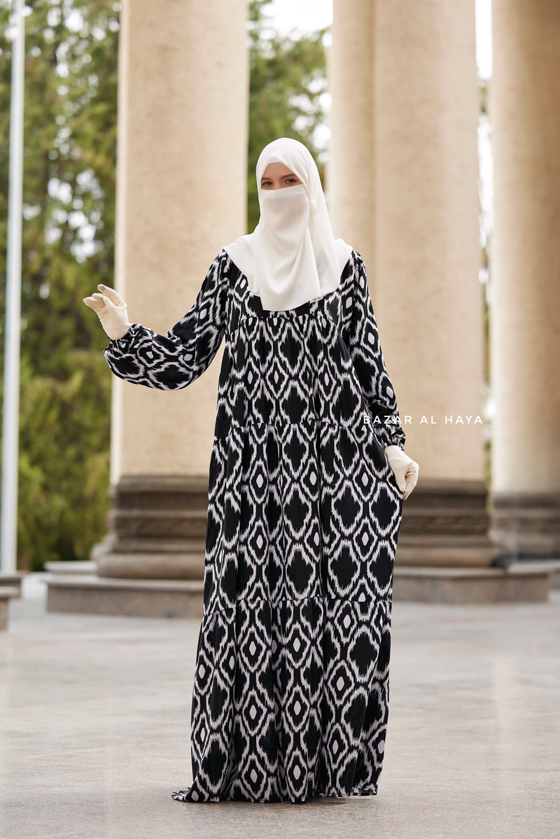 Sadia White/Black Print Dress - 100% Cotton Summer Tiered Abaya - Front Zipper