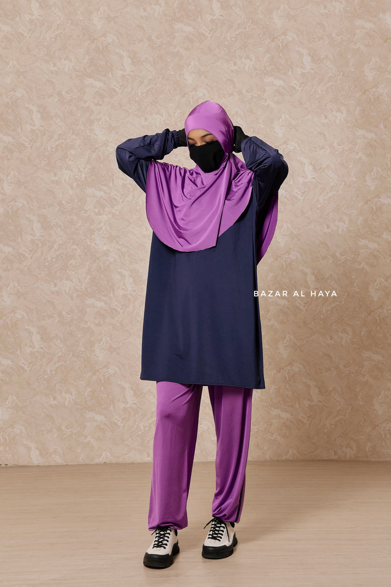 Purple Navy Modest Swimwear 4 Piece Swimdress, Khimar, Apron & Pants - Comfort Swimsuit