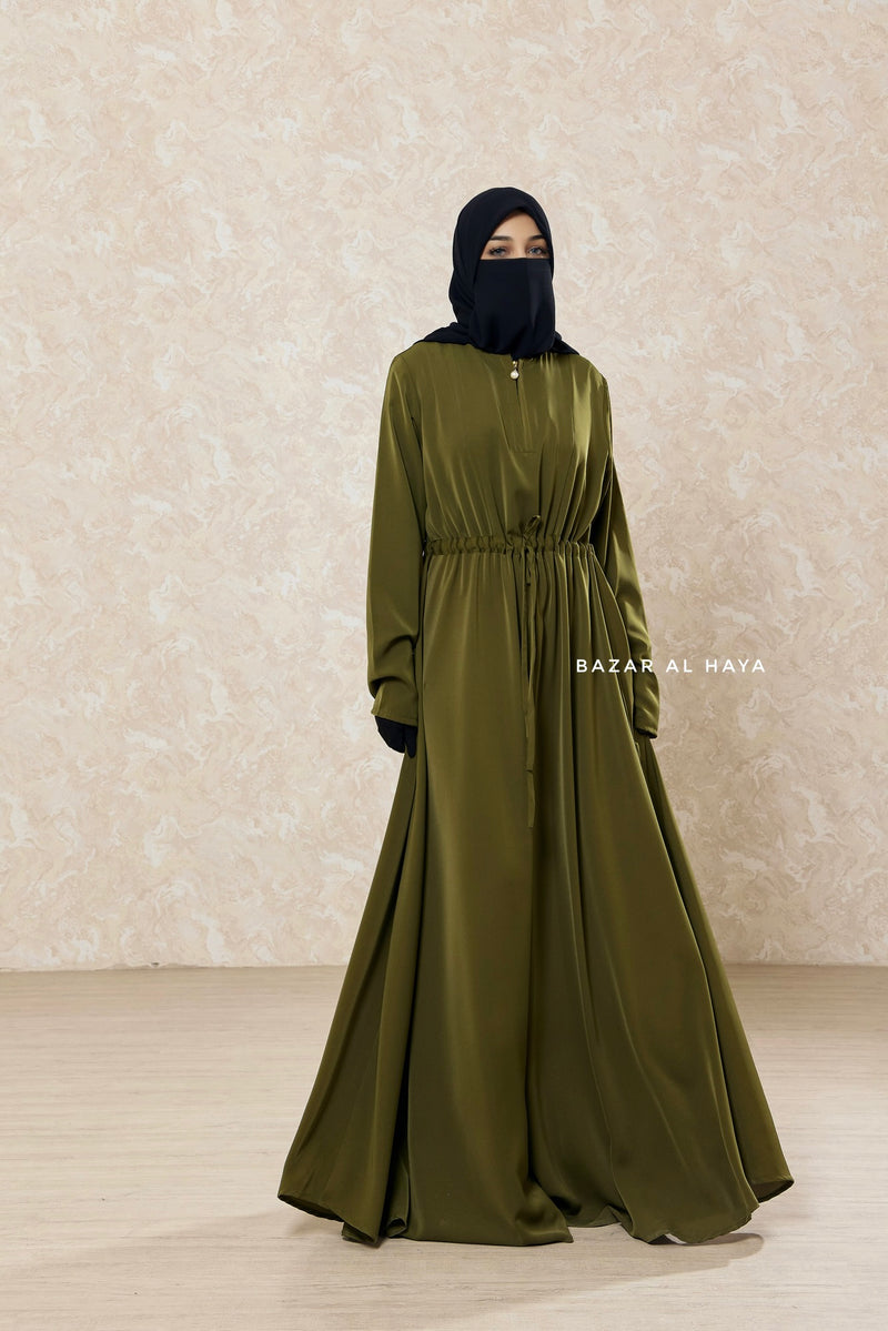 Olive Salam 3 Adjustable Belted Abaya Dress - Front Zipper & Zipper Sleeves - Nida Olive Salam 3 Adjustable Belted Abaya Dress - Front Zipper & Zipper Sleeves - Nida