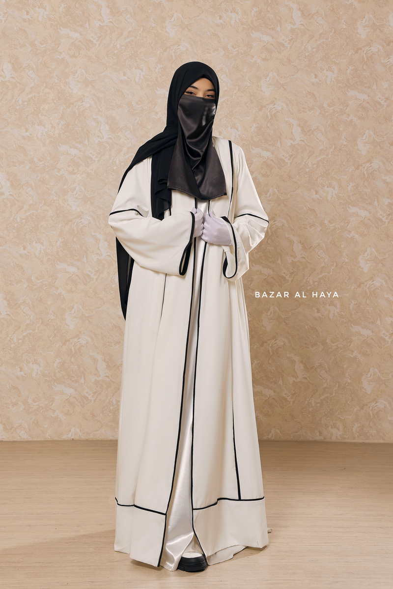 White Fazeela Open Front Abaya In Classic Design - Premium Silk Crepe