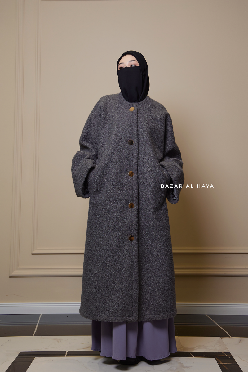 Steel Grey Damla Loose Warm Coat - Premium Teddy Wool – Bazar Al Haya Steel Grey Damla Loose Warm Coat - Premium Teddy Wool – Bazar Al Haya