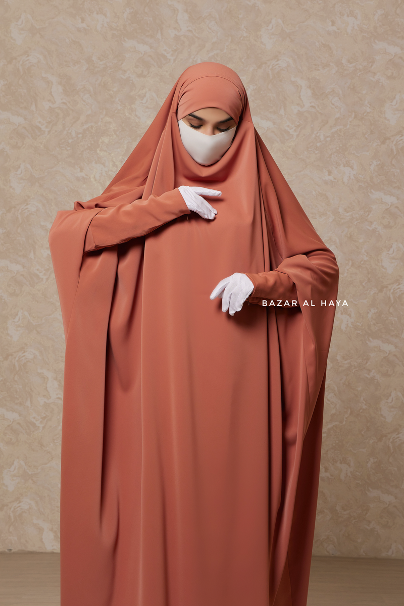 Peach Sarah One Piece Jilbab - Zipper Sleeves - Silk Crepe