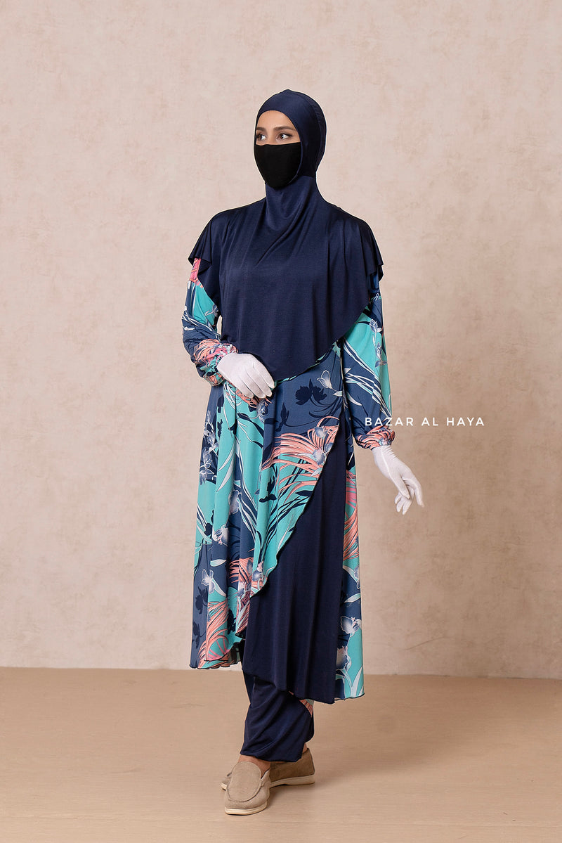 Floral Print Modest Swimwear Three Piece Set - Swimdress, Khimar, & Pants - The Comfort