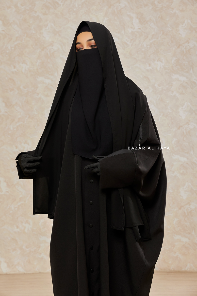 Black Falak Classic Loose Fit Abaya Coat With Scarf - Pockets & Zippers