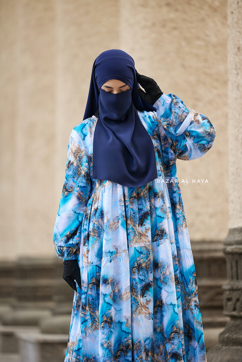 Sadia Ocean/Gold Print Dress - 100% Cotton Summer Tiered Abaya, Front Zipper