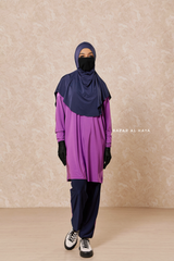 Navy Purple Modest Swimwear 4 Piece Swimdress, Khimar, Apron & Pants - Comfort Swimsuit