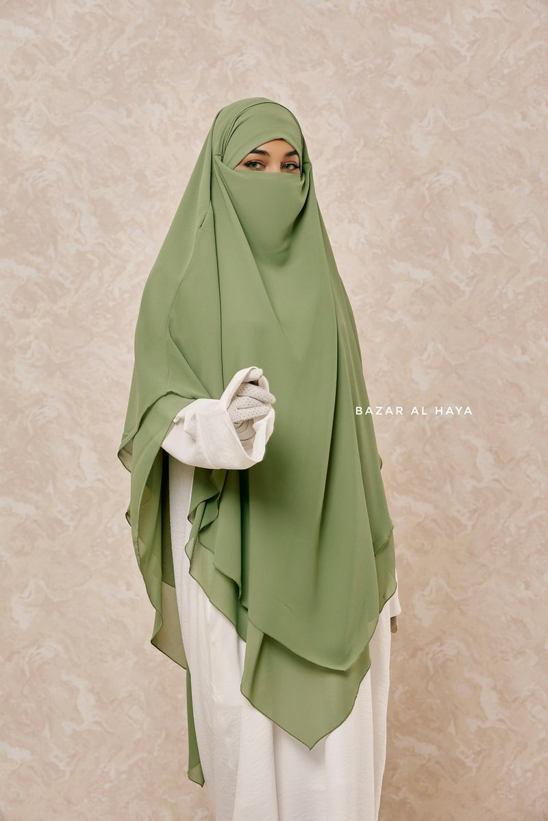 Olive Pari Two Layered Maxi Diamond Khimar - Crepe Chiffon