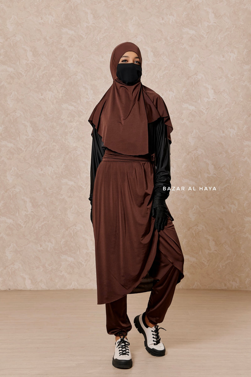 Brown Black Modest Swimwear 4 Piece Swimdress, Khimar, Apron & Pants - Comfort Swimsuit