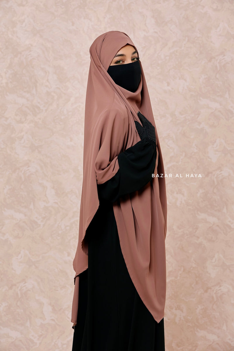 Taupe Rose Long Mubarak Diamond Khimar - Nida Extra Long