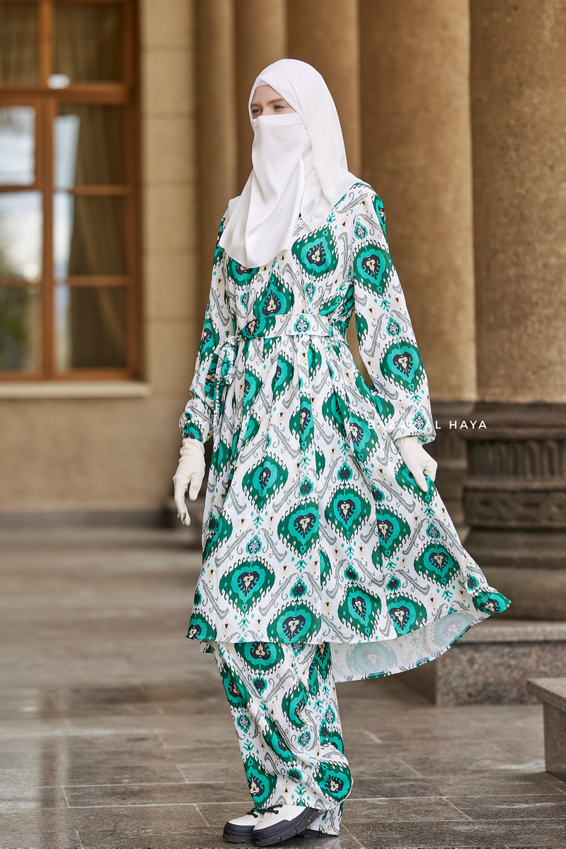 Inaya Teal & White Print Three Piece Top Dress & Wide Pants Set With Belt