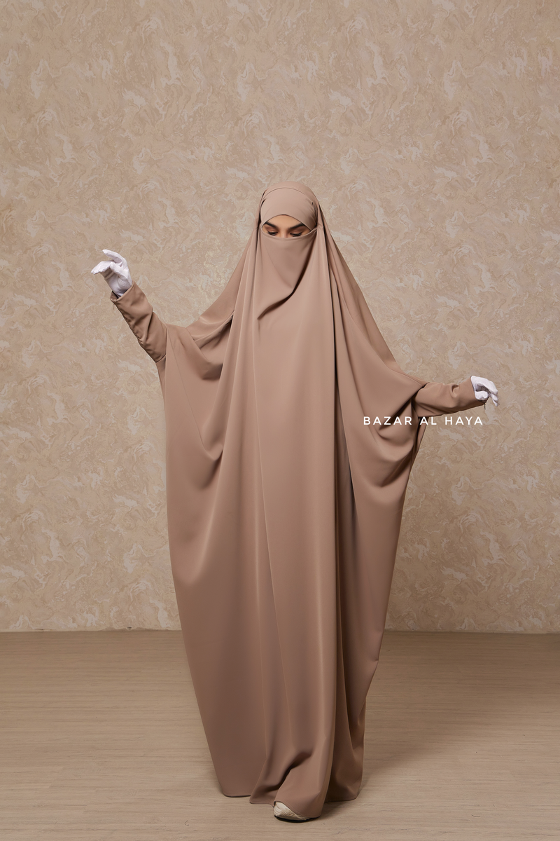 Mocha Sarah One Piece Jilbab - Zipper Sleeves - Silk Crepe