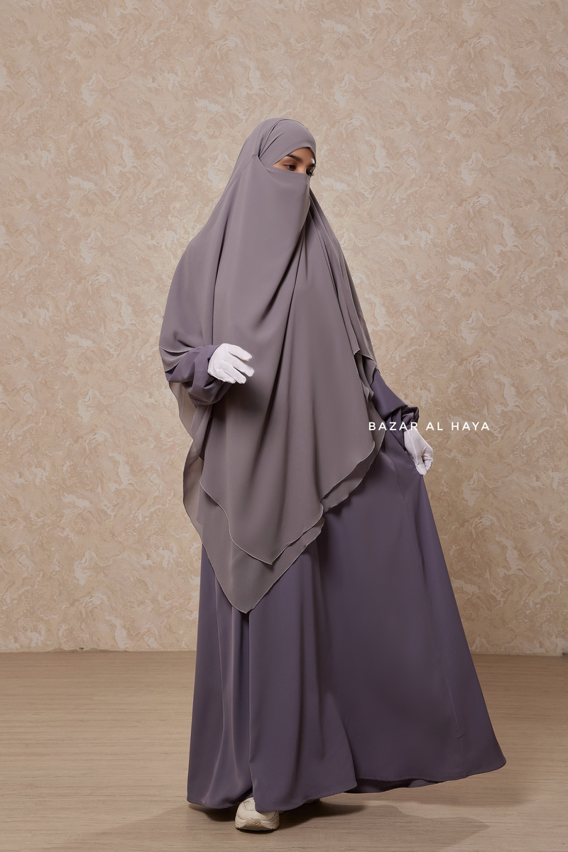 Silver Pari Layered Khimar & Salam 2 Abaya Two Piece Set