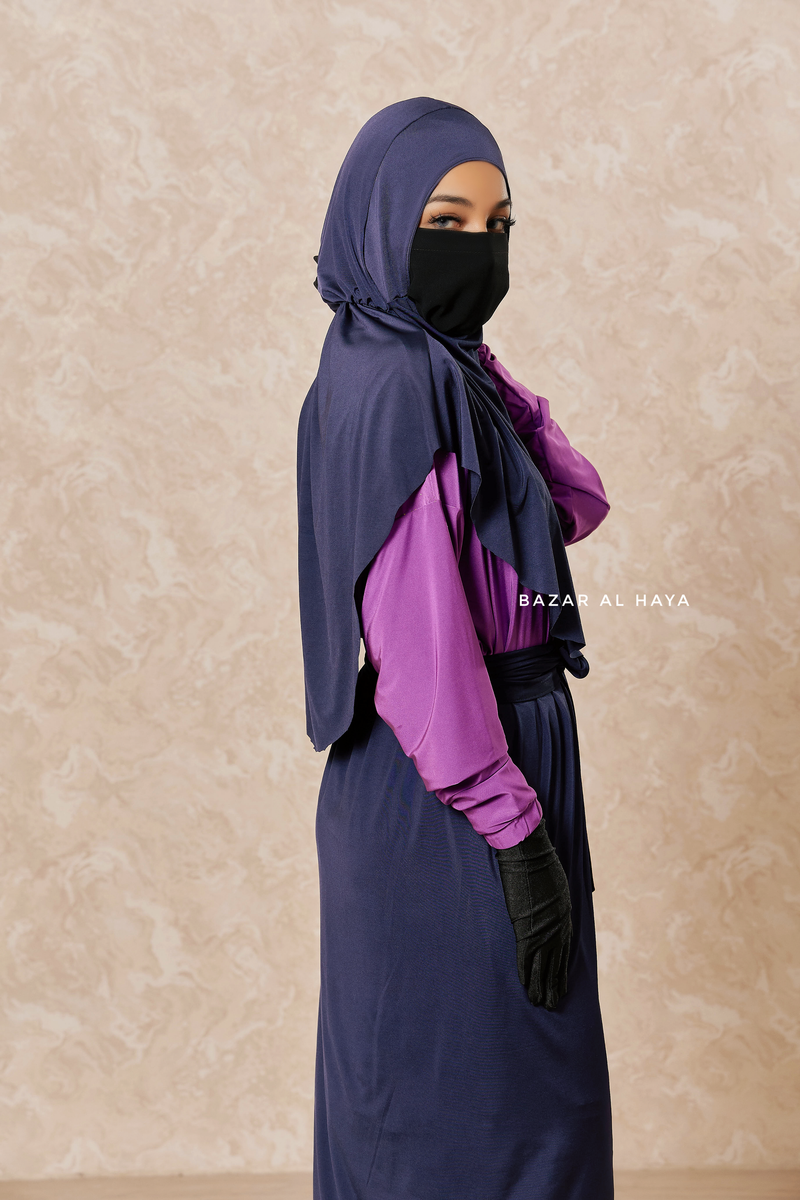 Navy Purple Modest Swimwear 4 Piece Swimdress, Khimar, Apron & Pants - Comfort Swimsuit