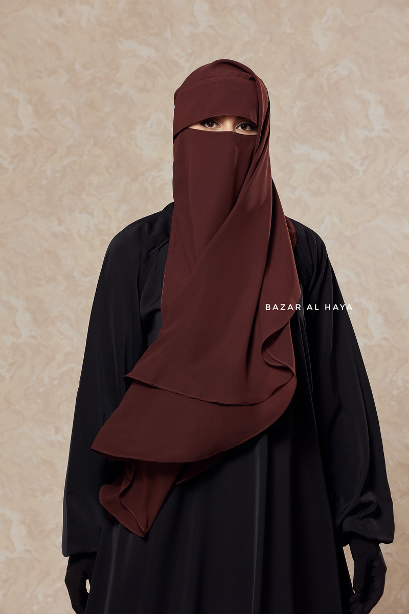 Brown Two Layer Flap Niqab - Premium Wool Chiffon - Medium