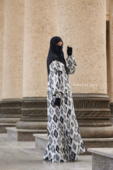 Sadia White/Green Print Dress - 100% Cotton Summer Tiered Abaya, Front Zipper