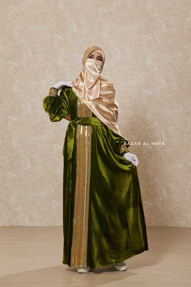 Pistachio Irfah Luxurious Plush Pombarch Kaftan - Abaya Dress With Belt