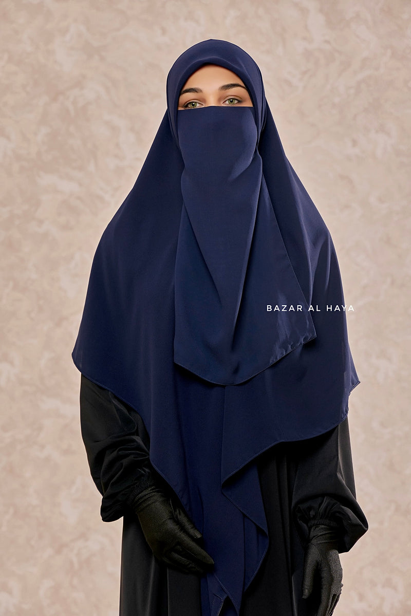 Square Scarf With Half Niqab Set In Dark Blue - Super Breathable - Quality