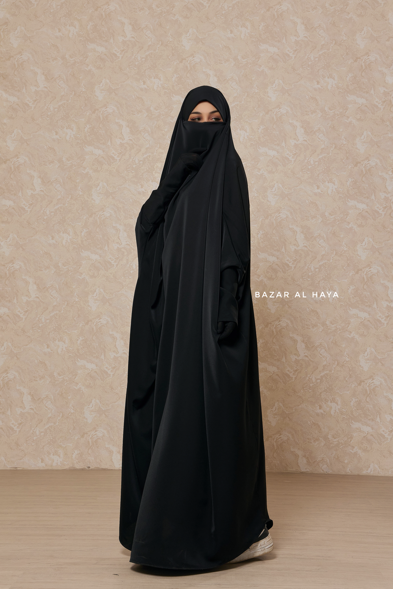 Sarah One Piece Black Jilbab - Zipper Sleeves - Silk Crepe