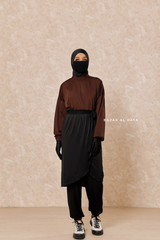 Black Brown Modest Swimwear 4 Piece Swimdress, Khimar, Apron & Pants - Comfort Swimsuit