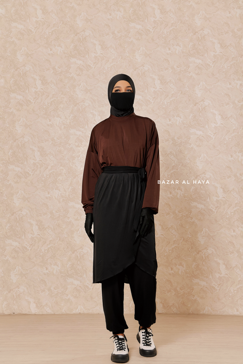 Black Brown Modest Swimwear 4 Piece Swimdress, Khimar, Apron & Pants - Comfort Swimsuit