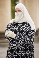 Sadia White/Black Print Dress - 100% Cotton Summer Tiered Abaya - Front Zipper