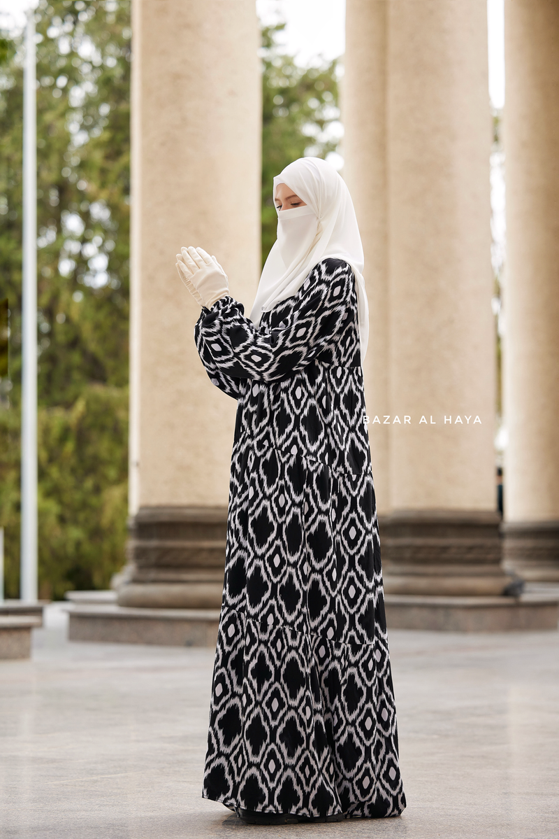 Sadia White/Black Print Dress - 100% Cotton Summer Tiered Abaya - Front Zipper