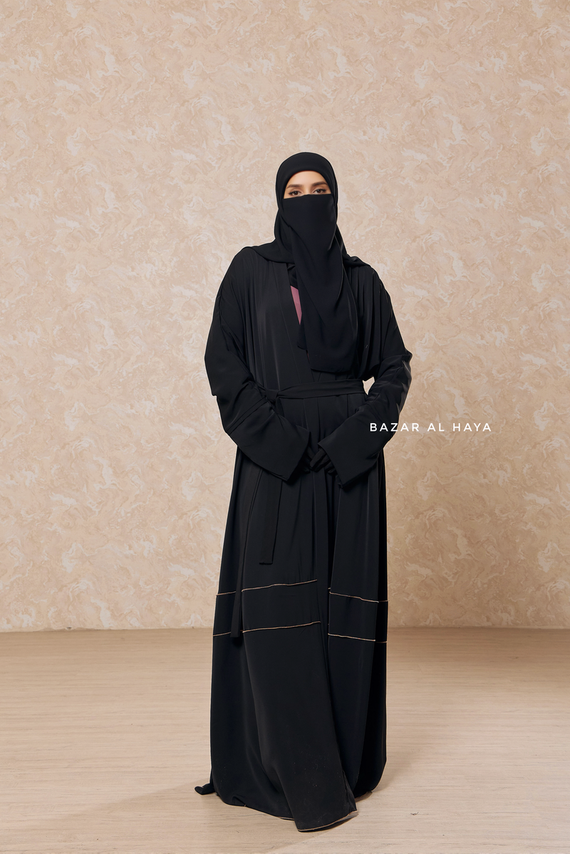 Black Fathiya Open Front Abaya In Nida - Relaxed Fit