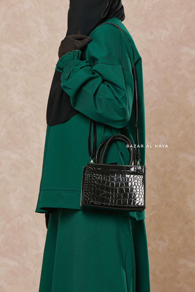 Rectangle Glossy Croc Shoulder Bag In Black
