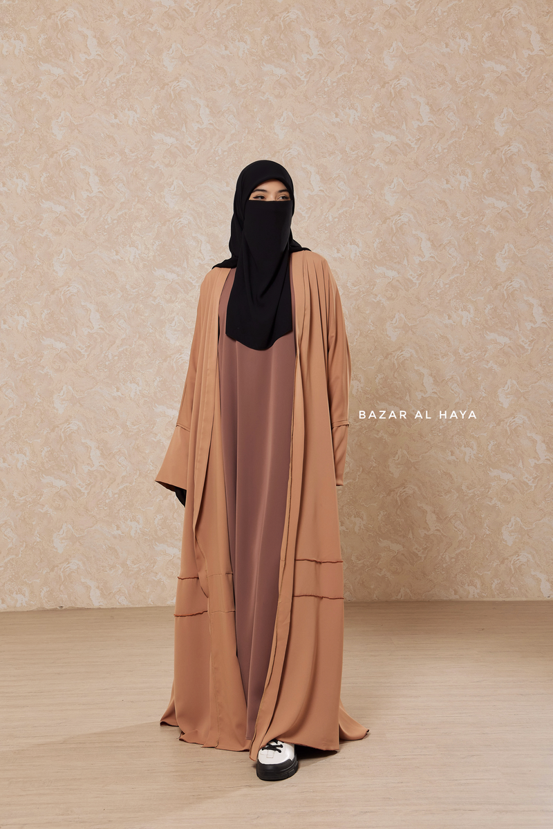 Latte Fathiya Open Front Abaya In Nida - Relaxed Fit