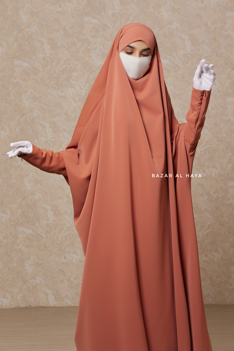 Peach Sarah One Piece Jilbab - Zipper Sleeves - Silk Crepe