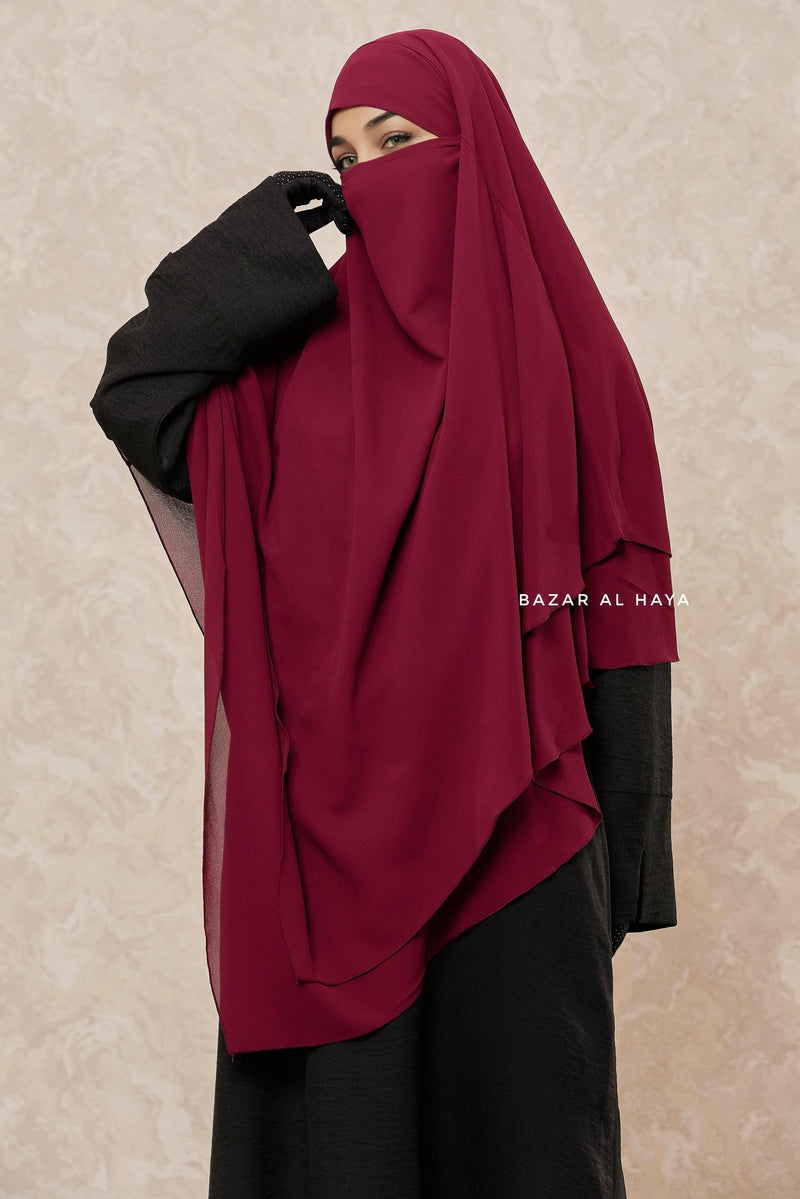 Maroon Pari Two Layered Diamond Khimar - Crepe Chiffon