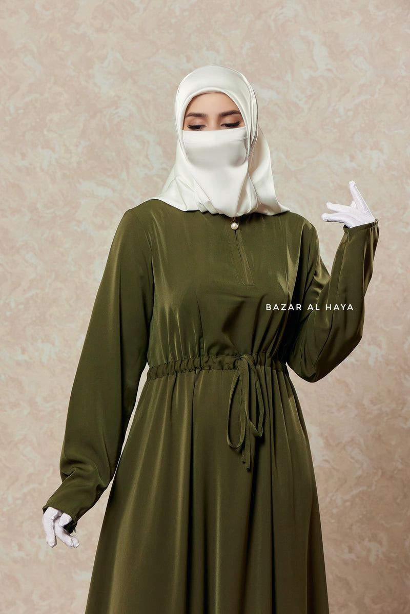 Salam 3 Olive Belted Abaya Dress - Front Zipper & Zipper Sleeves - Nida