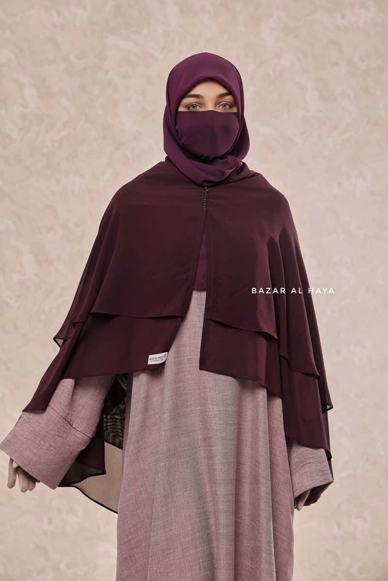 Purple Two Layer Medium Snap Scarf, Khimar, Cape - Super Soft - 3 in 1