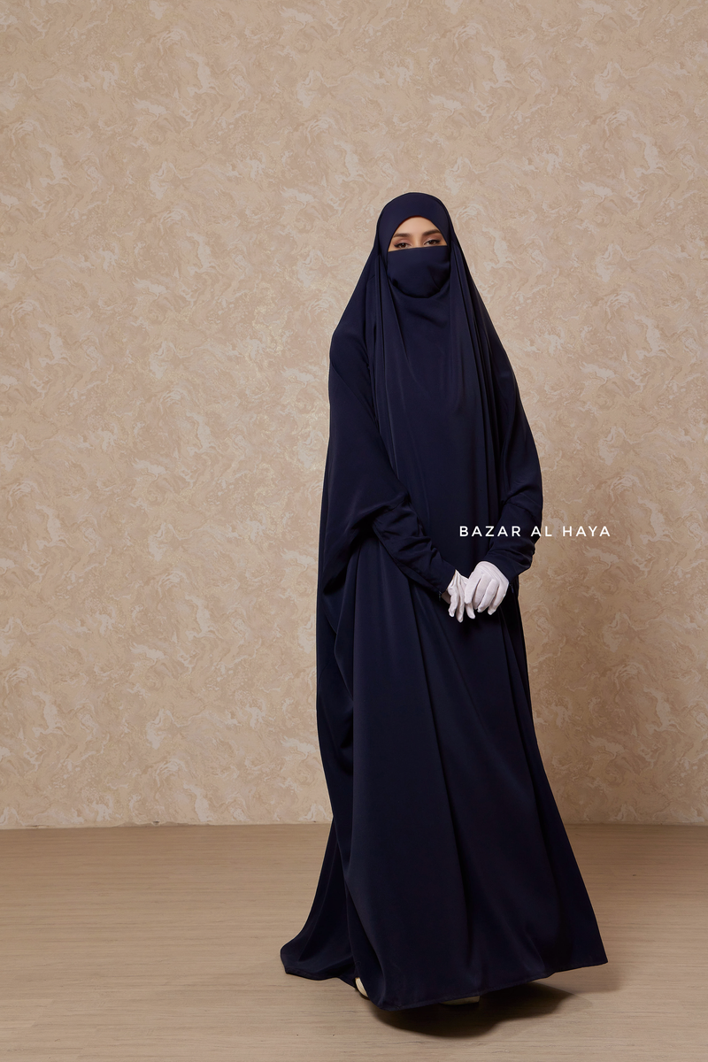 Dark Blue Sarah One Piece Jilbab - Zipper Sleeves - Silk Crepe