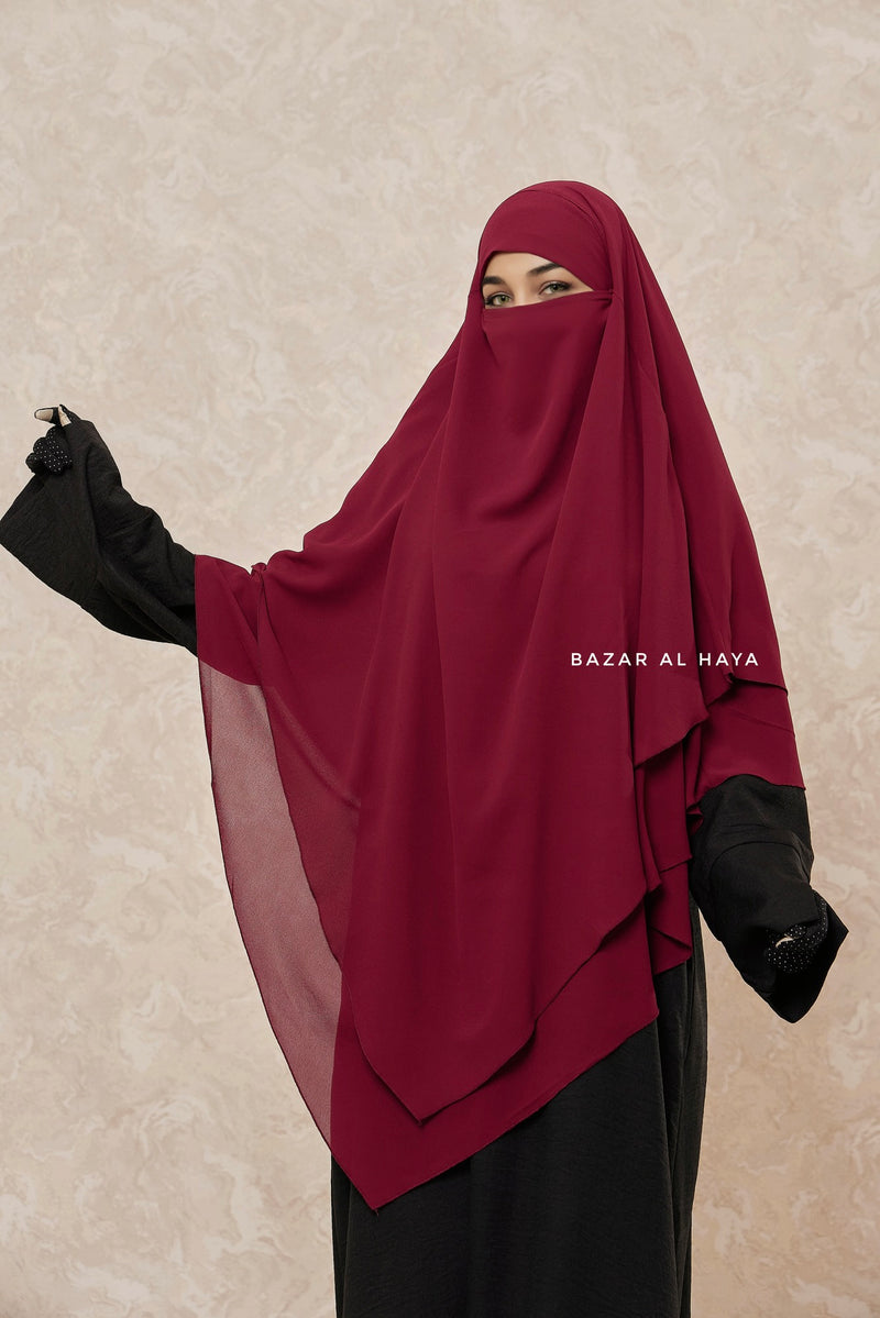 Maroon Pari Two Layered Diamond Khimar - Crepe Chiffon