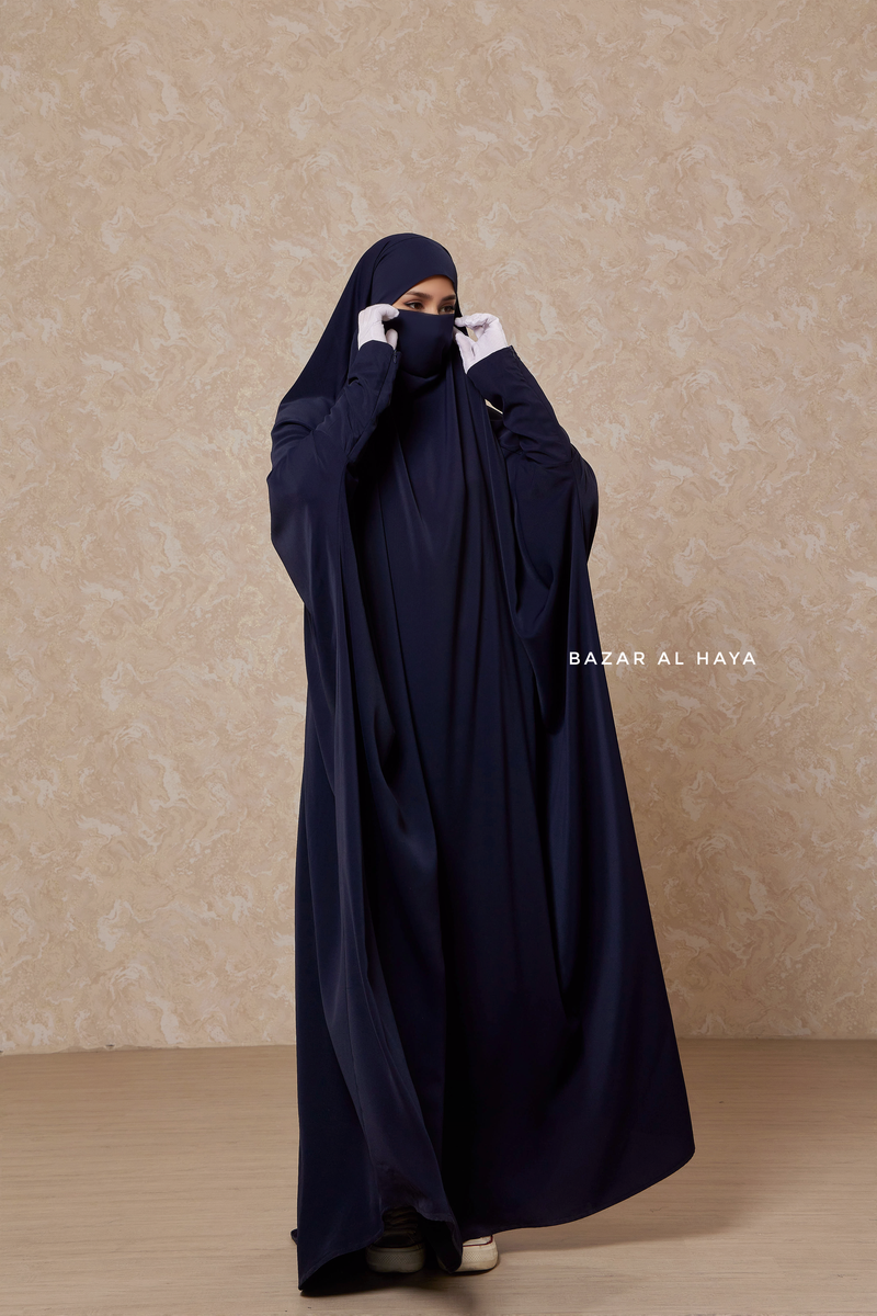 Dark Blue Sarah One Piece Jilbab - Zipper Sleeves - Silk Crepe