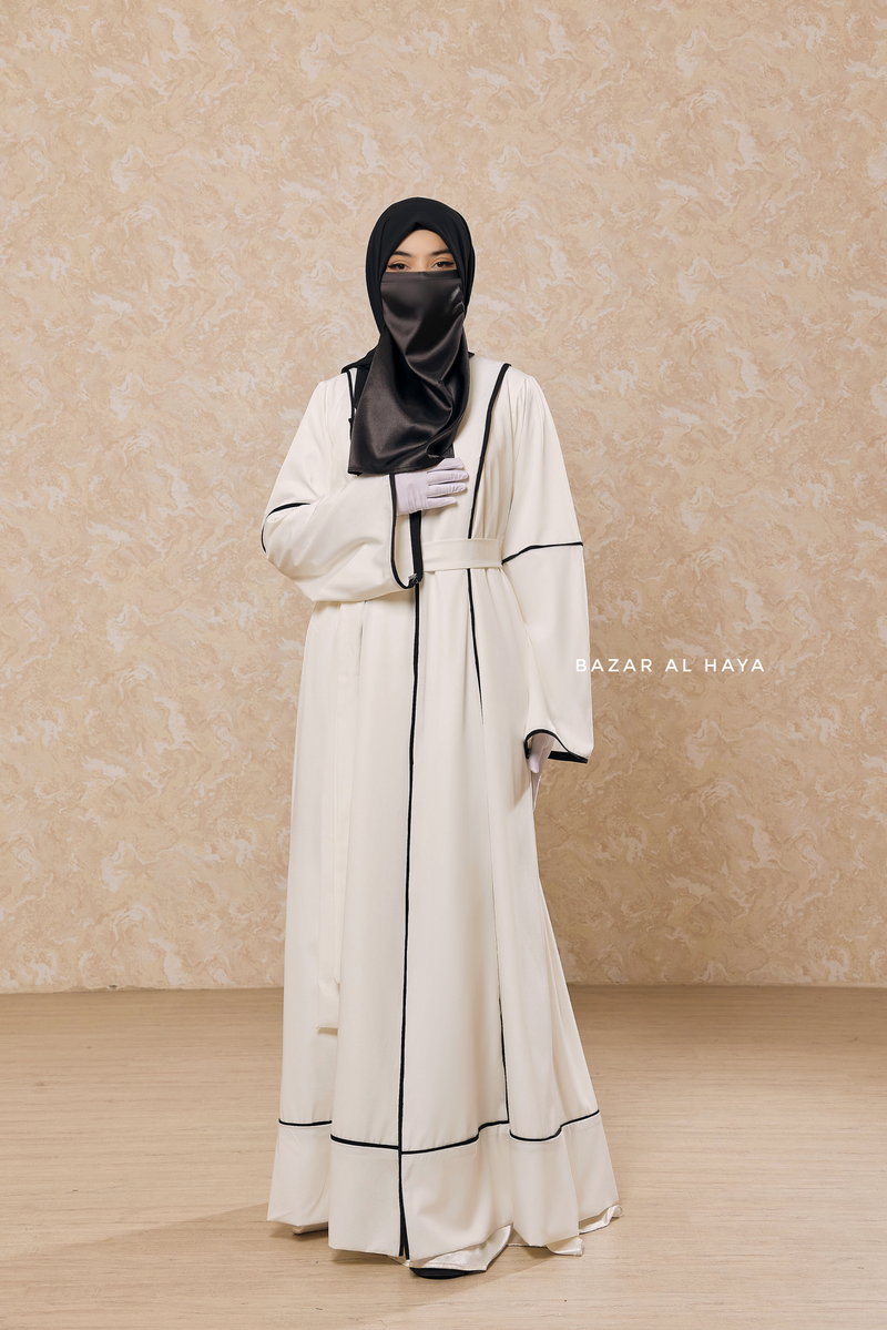 White Fazeela Open Front Abaya In Classic Design - Premium Silk Crepe