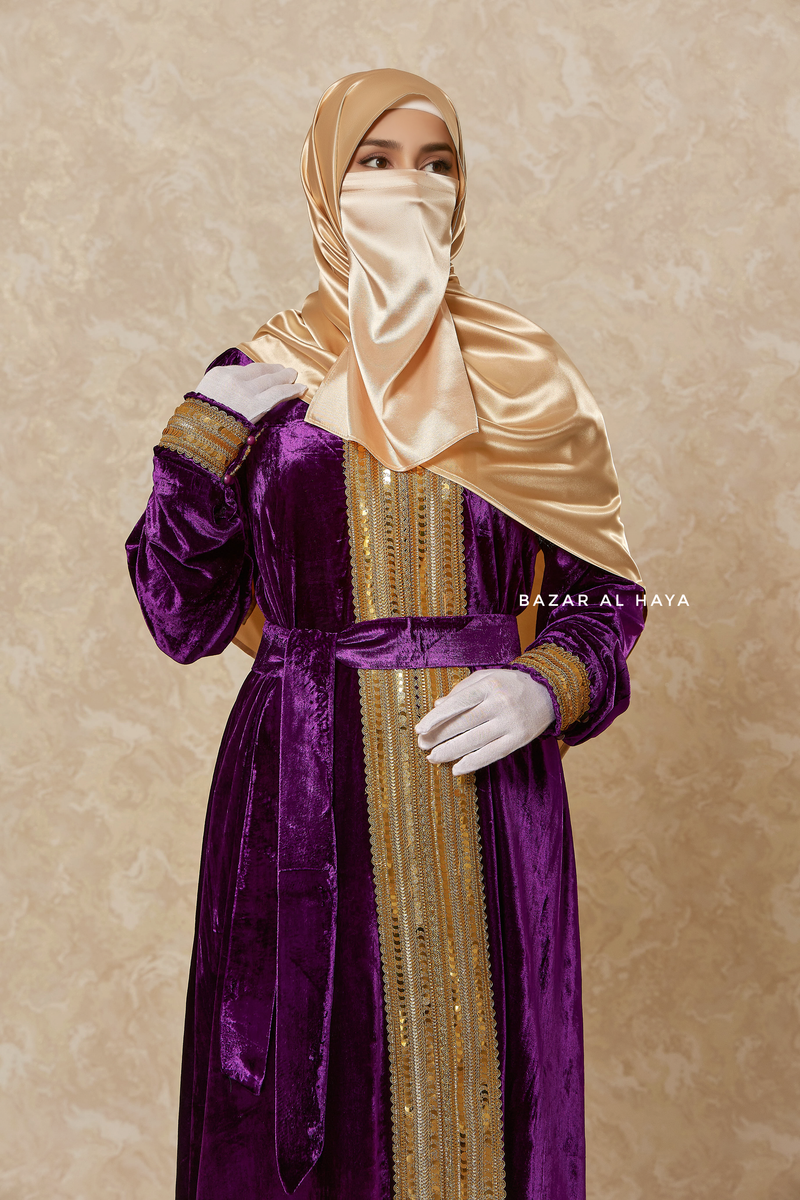 Purple Irfah Luxurious Plush Pombarch Kaftan - Abaya Dress With Belt