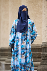 Sadia Ocean/Gold Print Dress - 100% Cotton Summer Tiered Abaya, Front Zipper