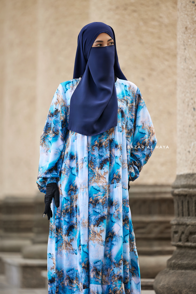 Sadia Ocean/Gold Print Dress - 100% Cotton Summer Tiered Abaya, Front Zipper