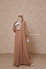 Rania Sepia Tan Abaya Dress Half-Placket Button Front & Sleeve - Mediumweight Soft Crepe Cotton