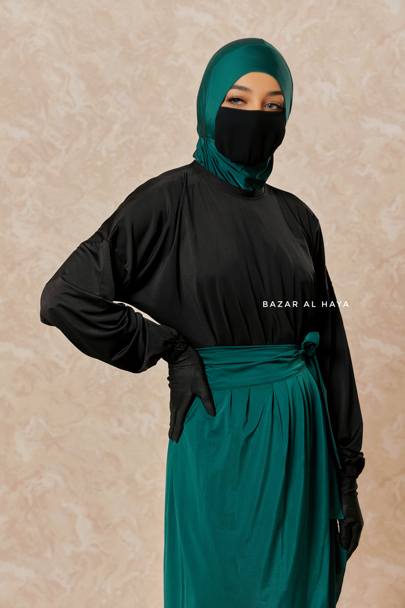 Emerald Black Modest Swimwear 4 Piece Set With Swimdress, Khimar, & Pants - Comfort Swimsuit