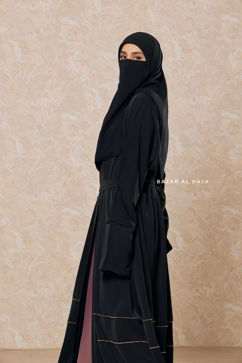 Black Fathiya Open Front Abaya In Nida - Relaxed Fit