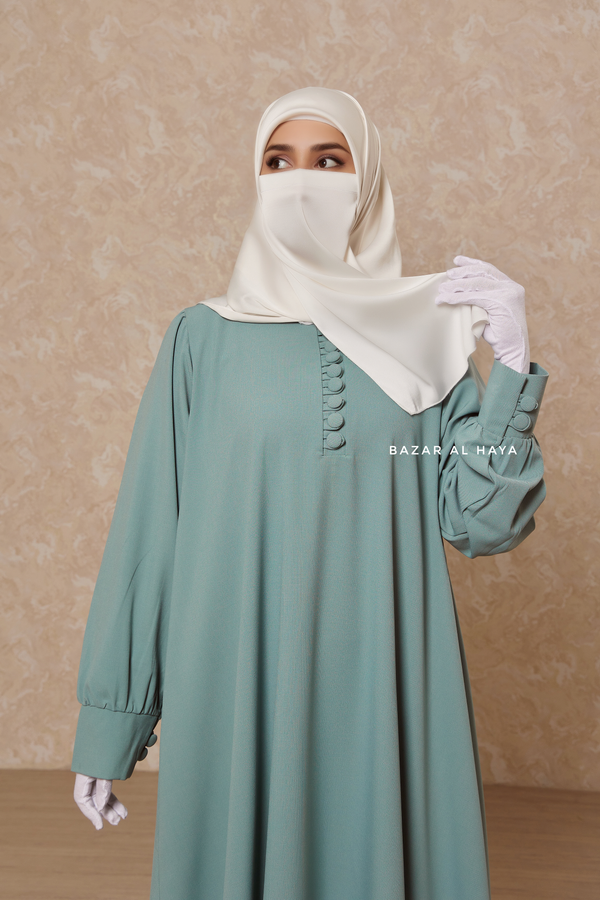 Rania Mint Abaya Dress Half-Placket Button Front & Sleeve - Mediumweight Soft Crepe Cotton