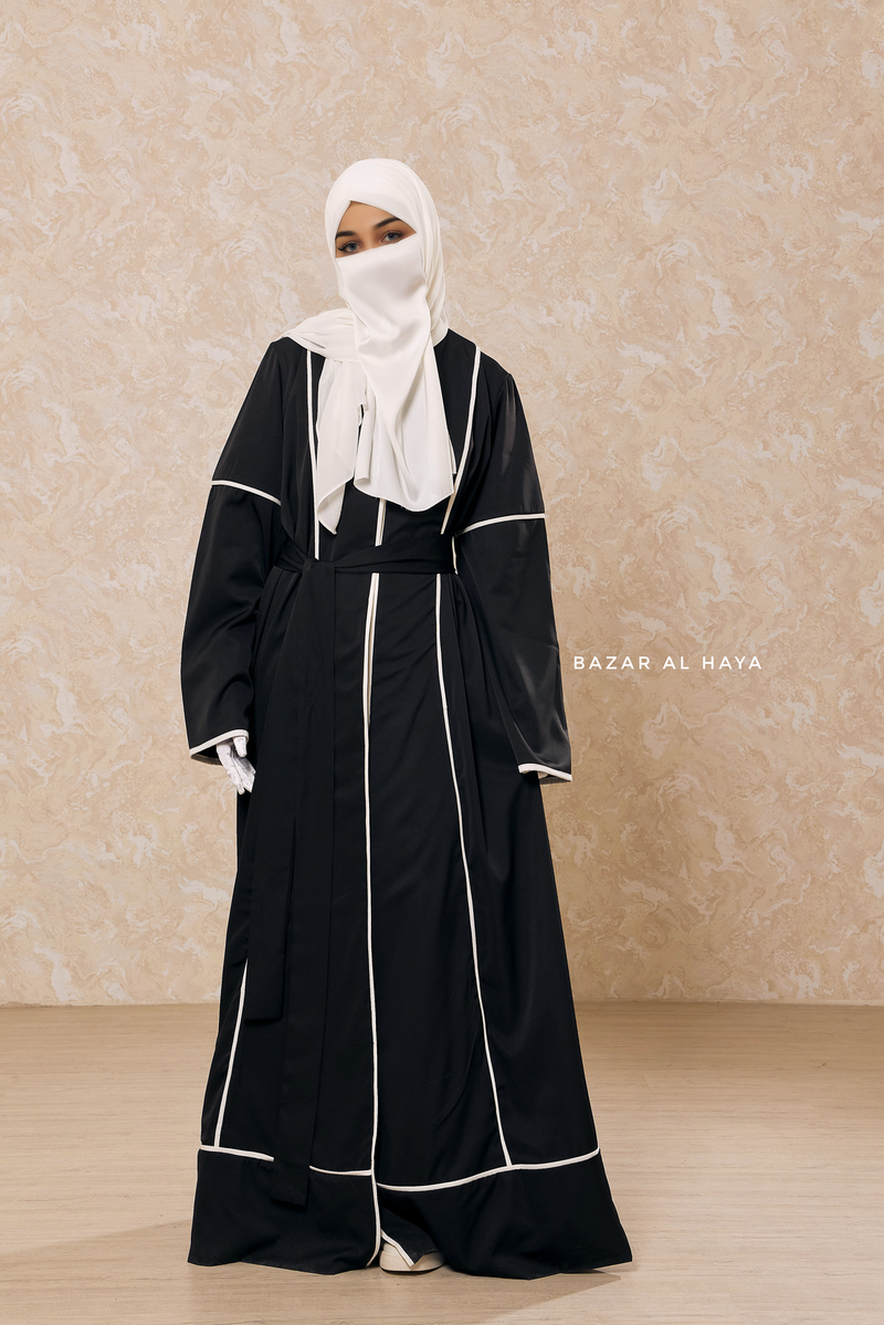 Black Fazeela Open Front Abaya In Classic Design - Premium Silk Crepe