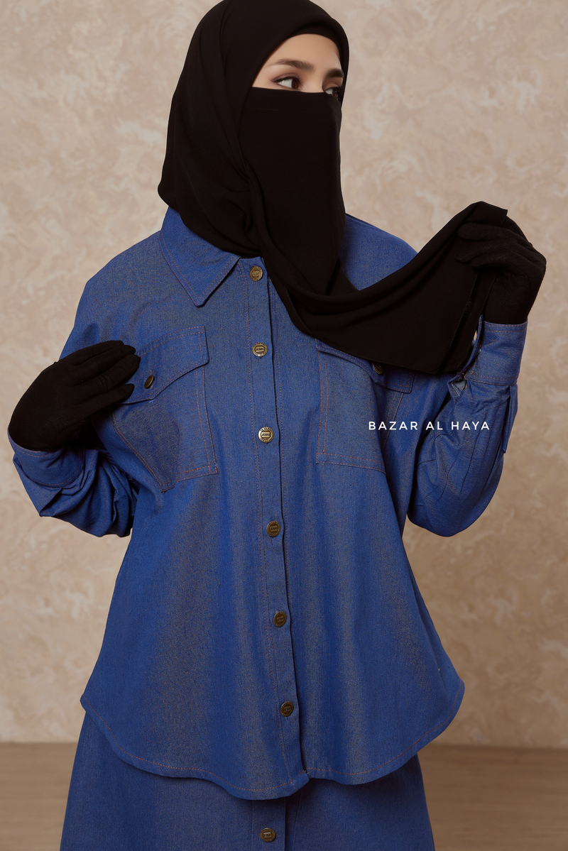 Jeans Durrah Two Piece Buttoned Decor Top & Skirt Set In Denim Cotton